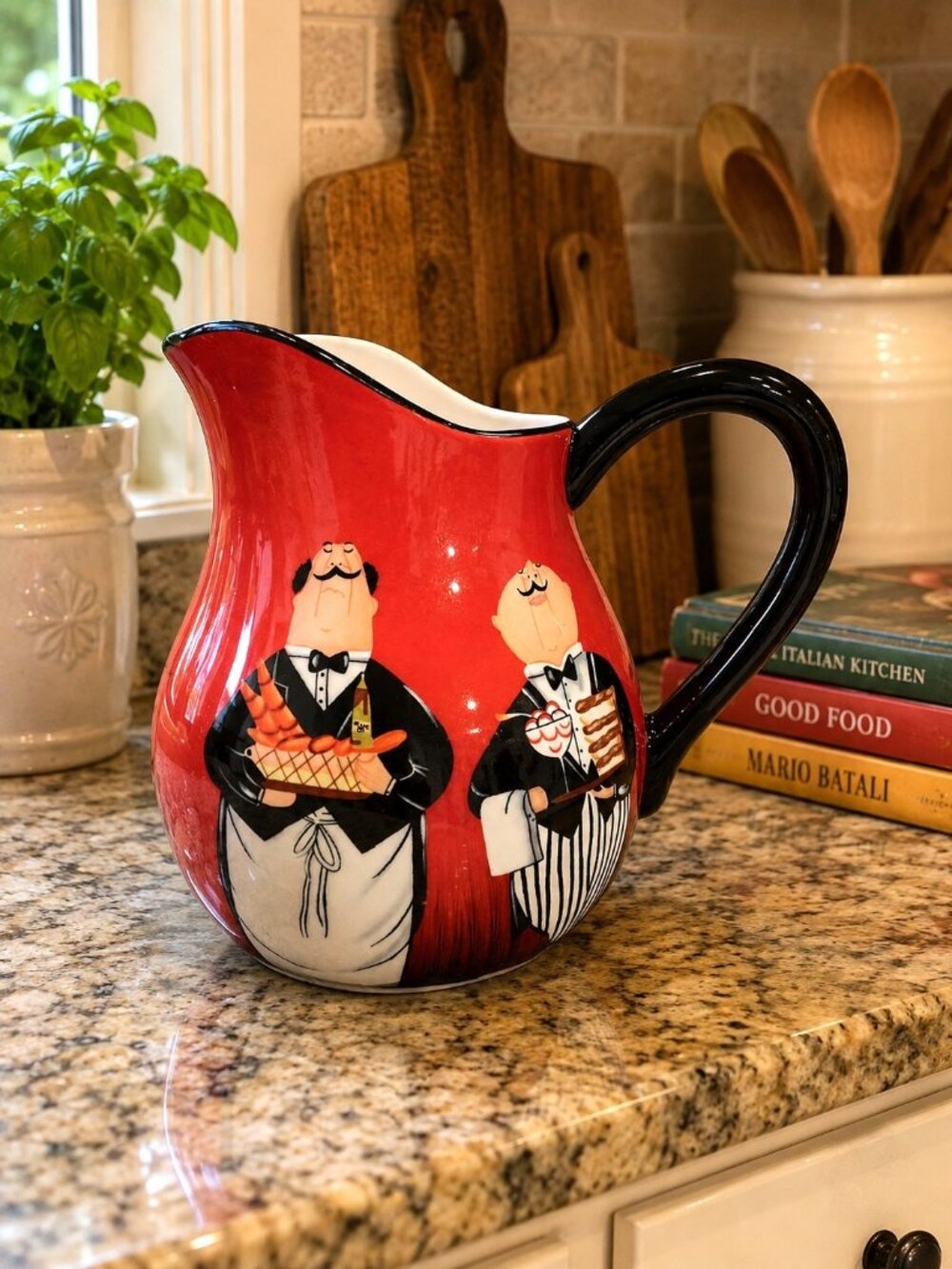 1998 Tracy Flickinger Dinner Is Served Red Ceramic Pitcher SHIPS FREE
